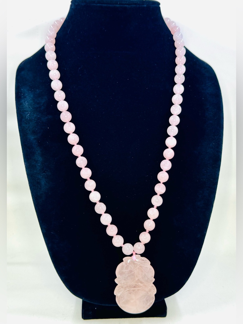 Vintage Chinese Pink Rose Quartz Beaded Necklace with Carved Pendant 26” 10mm
